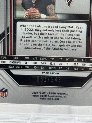 Desmond Ridder RC Orange Prizm 081/249 PSA 9 2022 Panini Prizm #302 Falcons