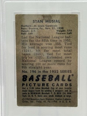 1952 Bowman #196 Stan Musial St. Louis Cardinals PSA 1 (MK)