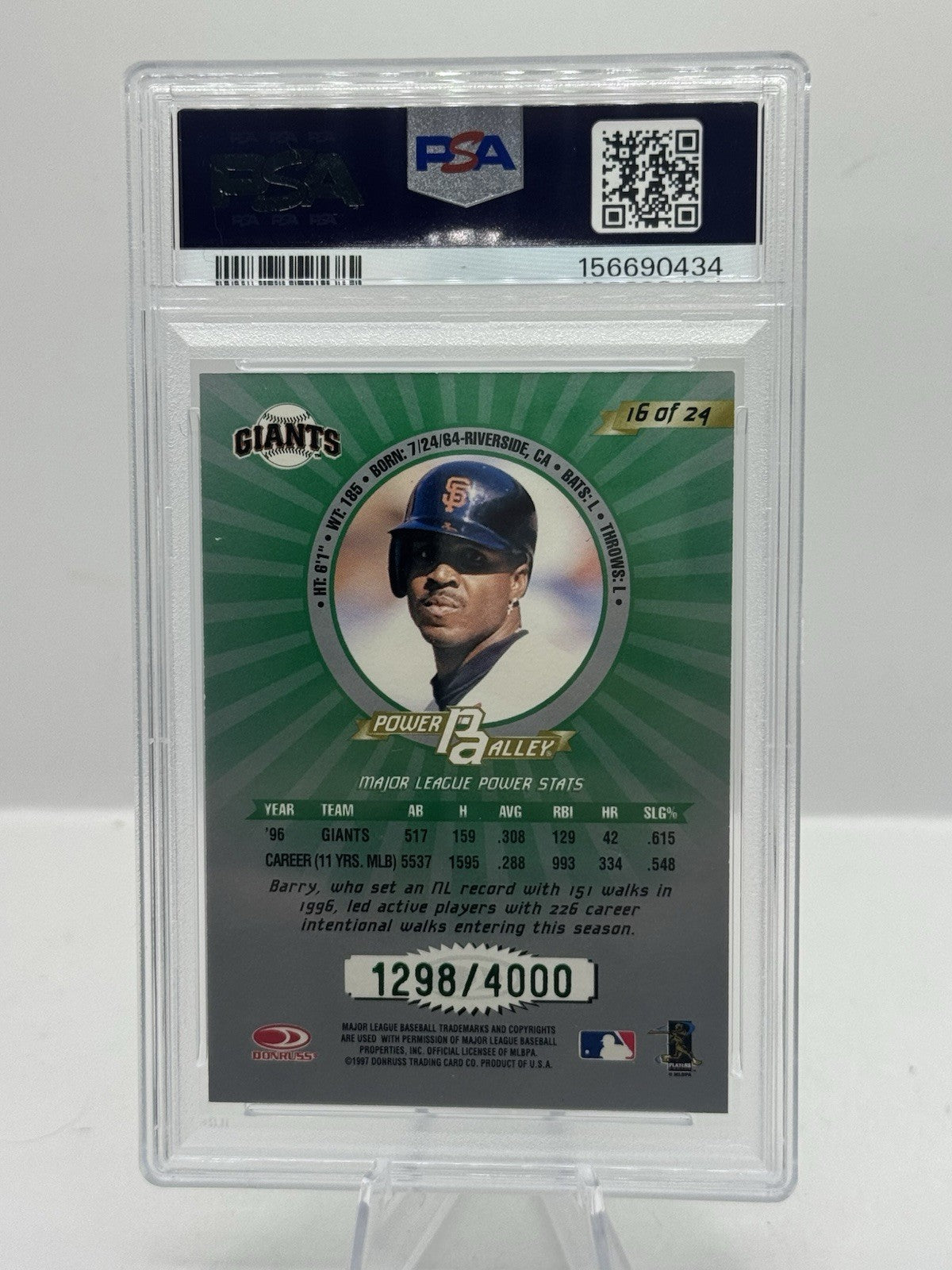Barry Bonds 1298/4000 PSA 9 1997 Donruss Update Power Alley #16 San Francisco
