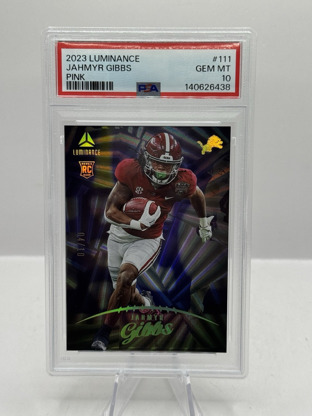 Jahmyr Gibbs Pink 04/10 PSA 10 2023 Panini Luminance #111 Detroit Lions