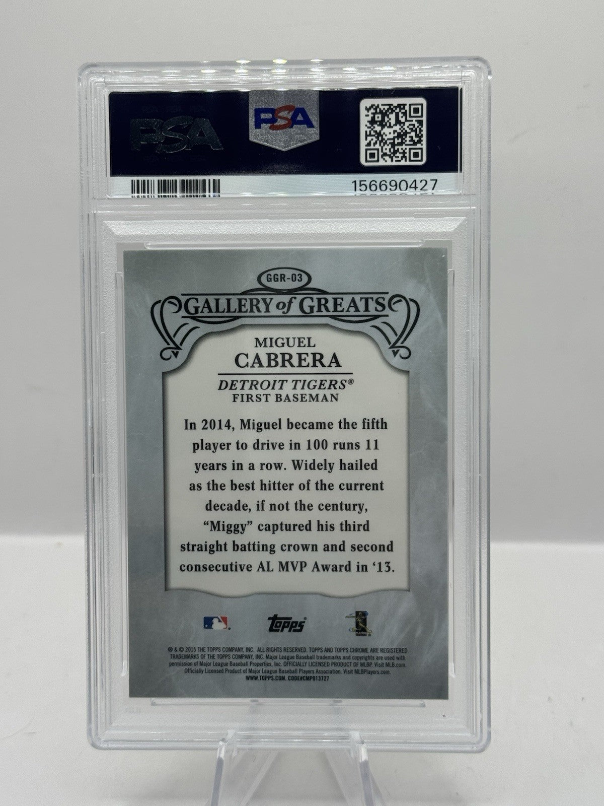 Miguel Cabrera Gold Refractor 28/50 PSA 9 2015 Topps Chrome Gallery of Greats #3