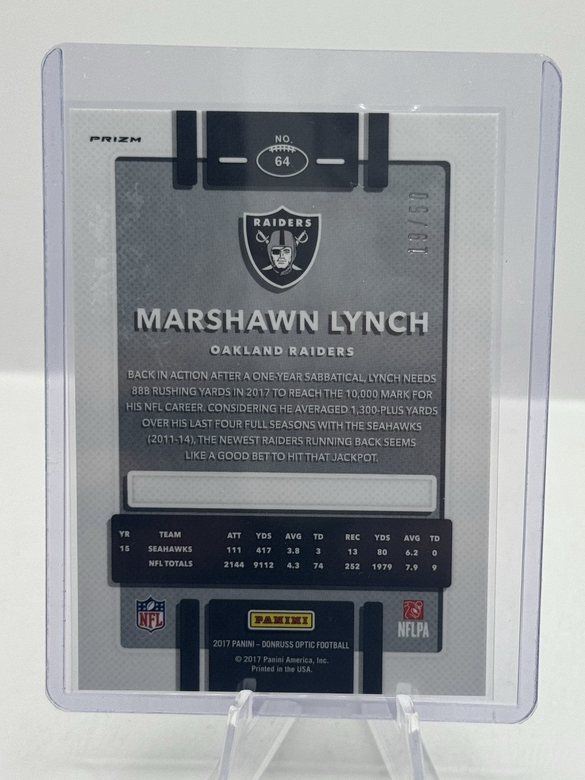 Marshawn Lynch Purple Prizm 19/50 2017 Donruss Optic #64 Oakland Raiders