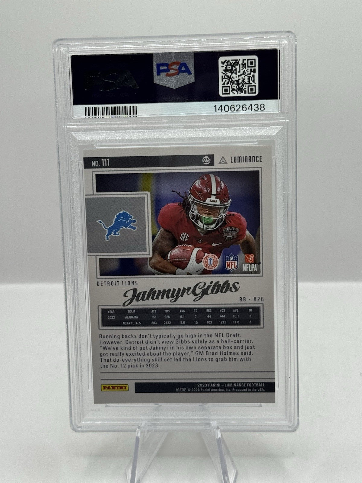 Jahmyr Gibbs Pink 04/10 PSA 10 2023 Panini Luminance #111 Detroit Lions