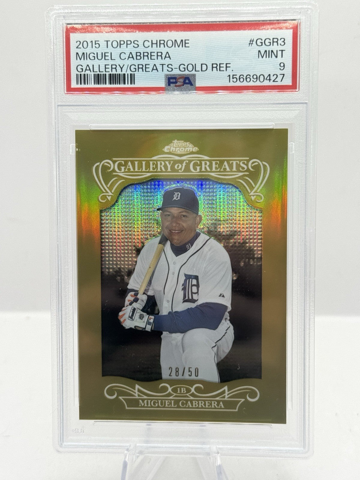 Miguel Cabrera Gold Refractor 28/50 PSA 9 2015 Topps Chrome Gallery of Greats #3