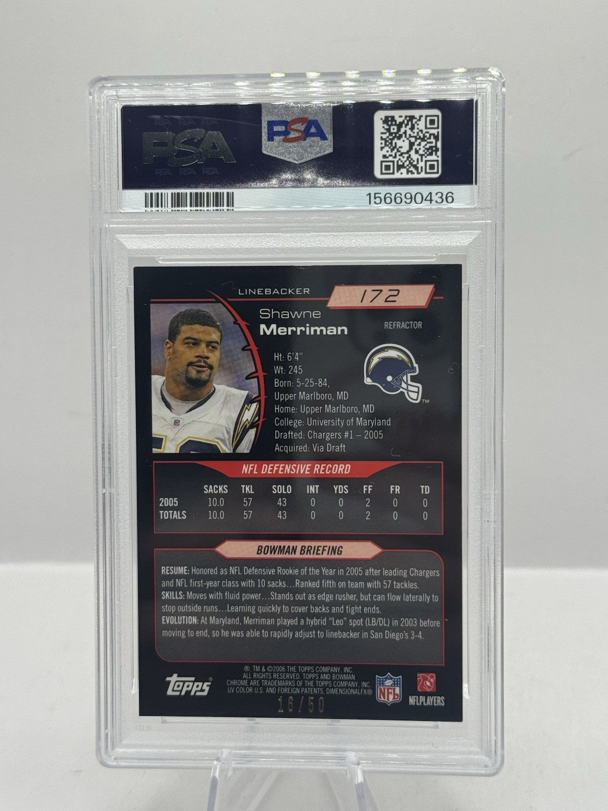 Shawne Merriman Gold Refractor 16/50 PSA 8 2006 Bowman Chrome #172 Chargers