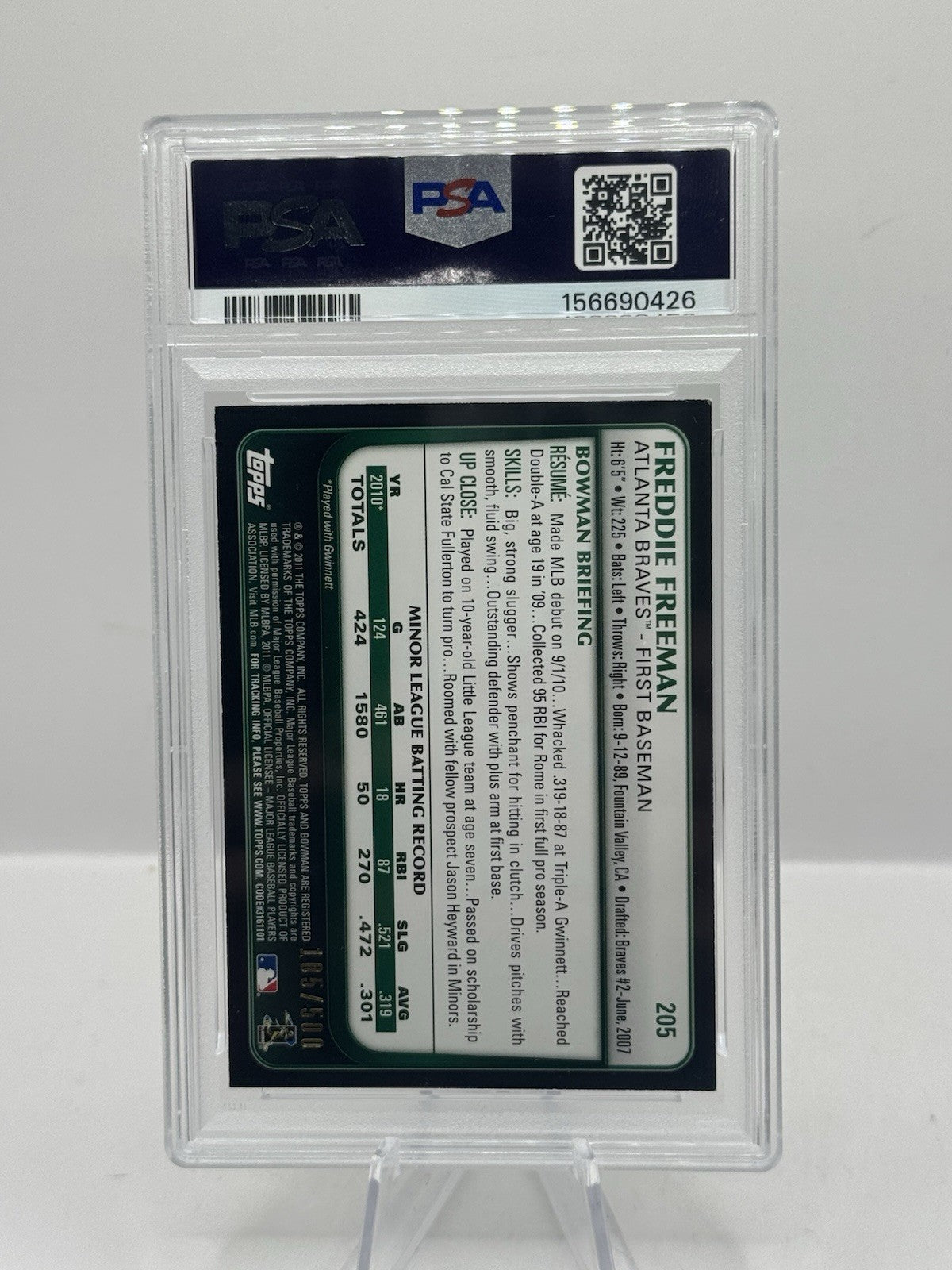 Freddie Freeman RC Blue 105/500 PSA 8 2011 Bowman #205 Atlanta Braves