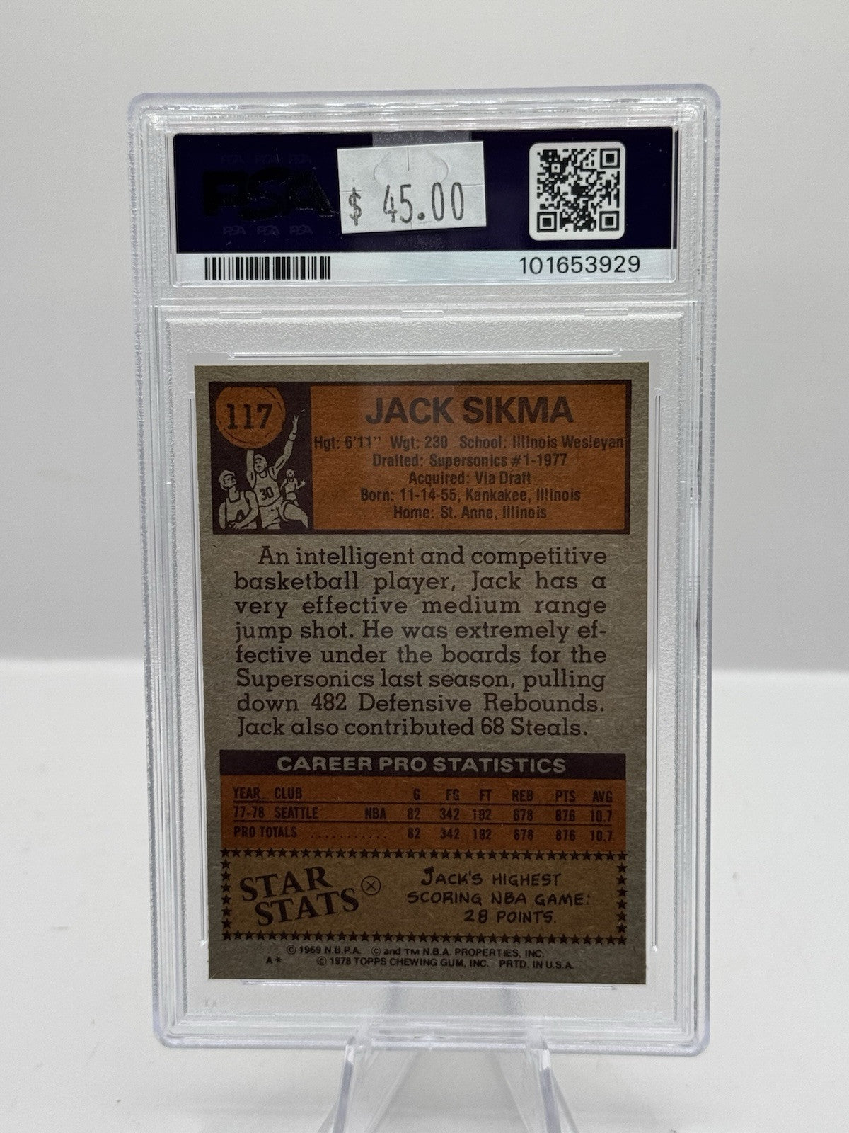 1978-79 Topps #117 Jack Sikma Seattle Supersonics PSA 8