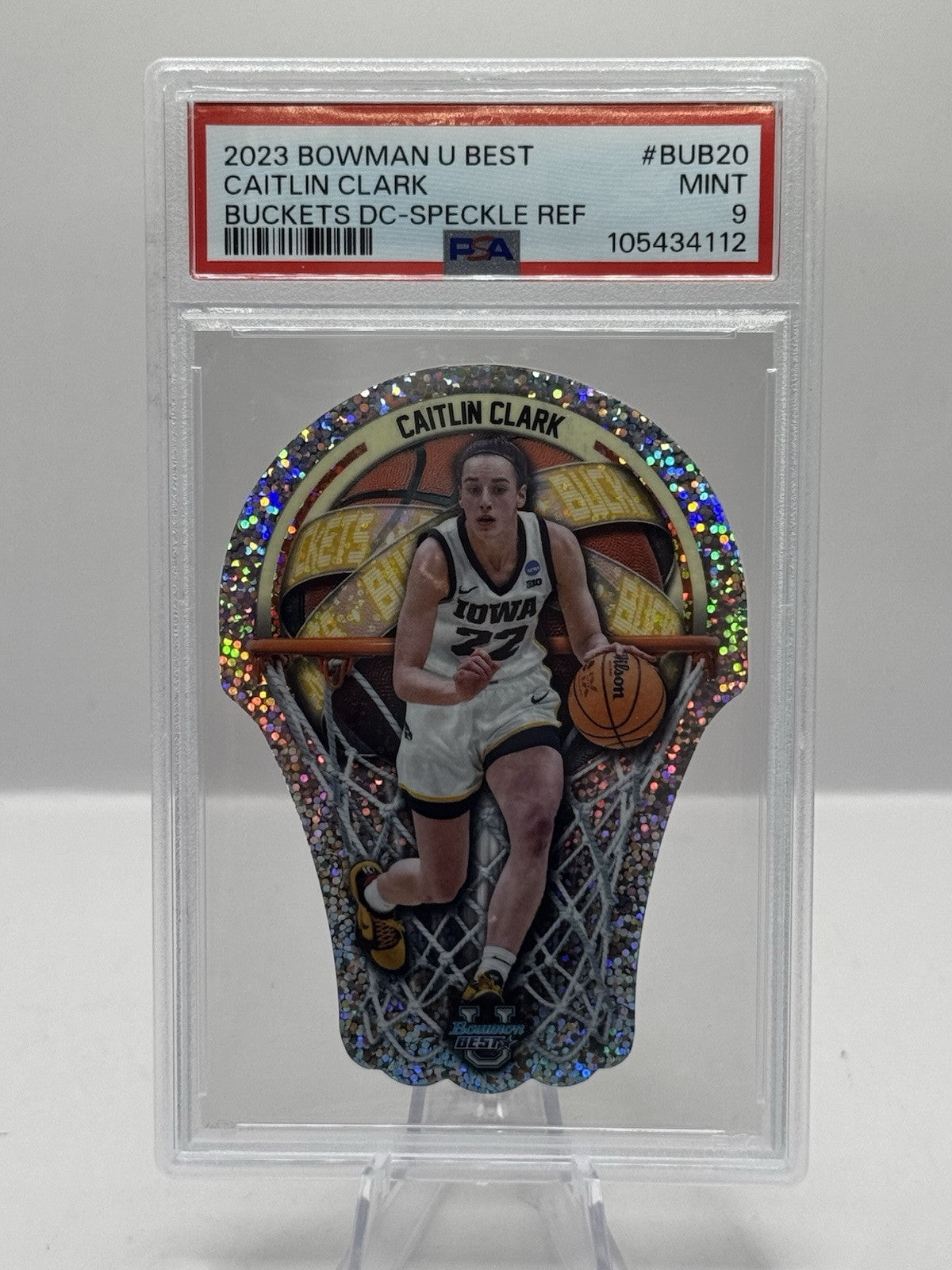 Caitlin Clark PSA 9 Speckle Refractor Die Cut Buckets #20 2023-24 Bowman Best U